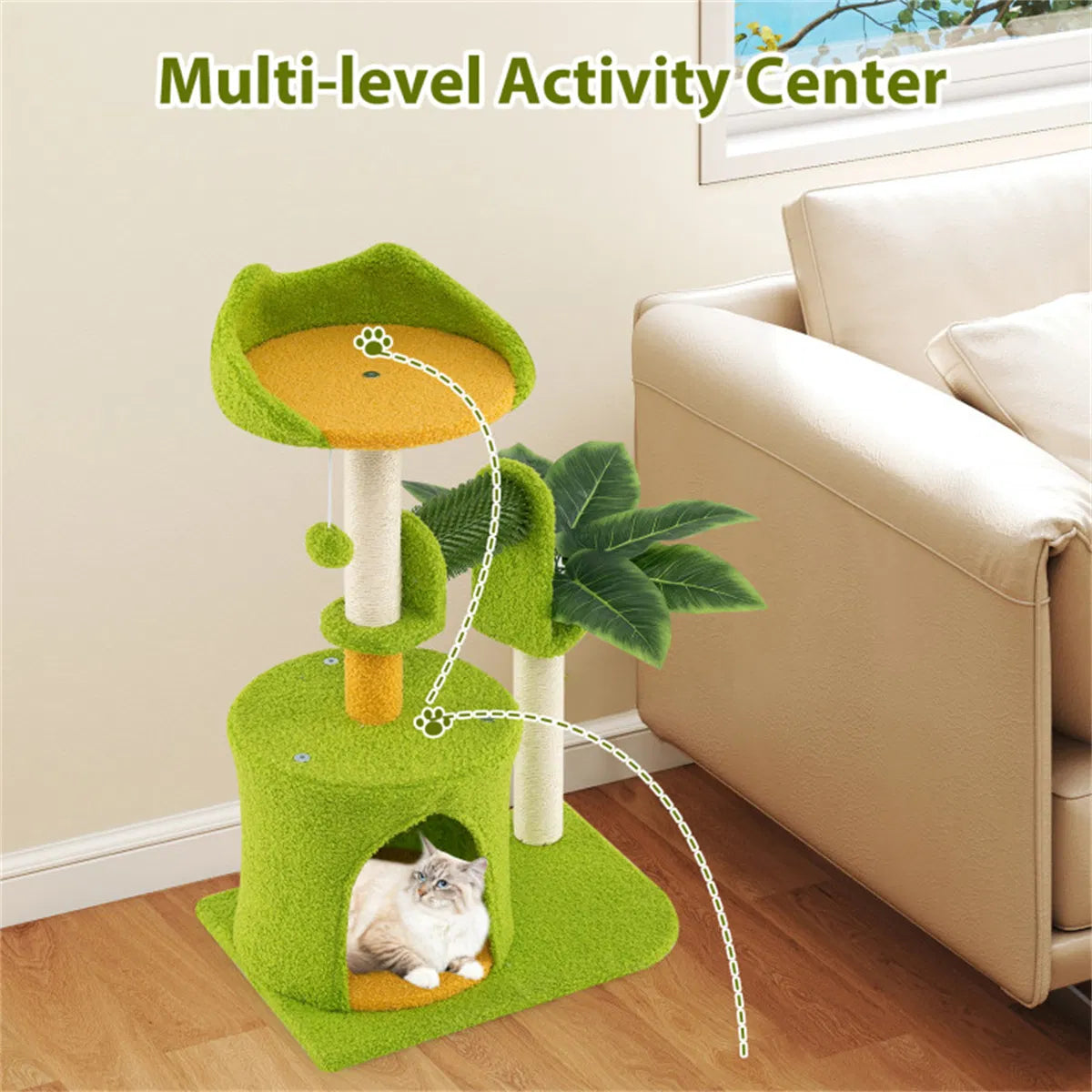 Aprilso Green Multi-Level Cat Tree with Condo, Sisal Scratching Posts & Hanging Toy - product image 2