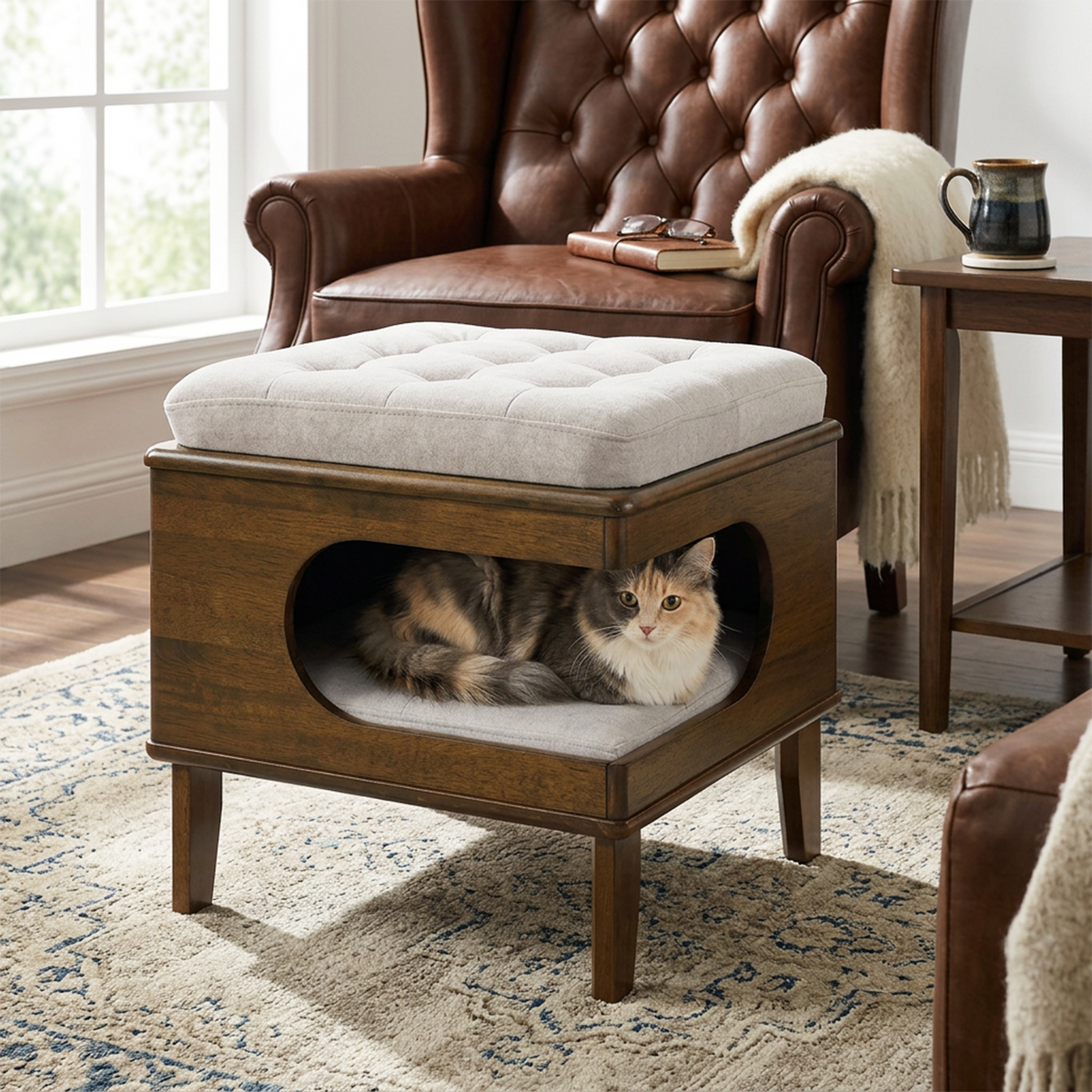 Aprilso Walnut Cat Bed Ottoman with Cushioned Top & Hideaway Nook - product image 2