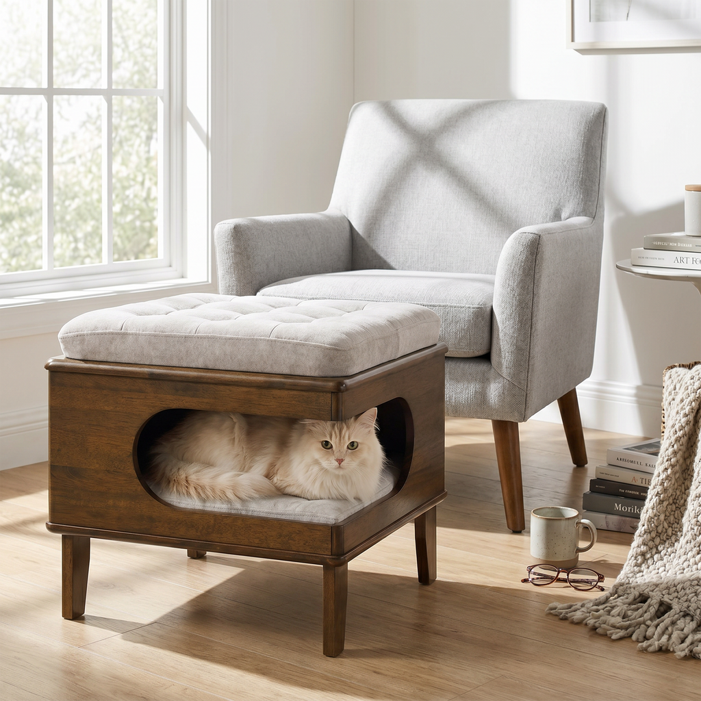Aprilso Walnut Cat Bed Ottoman with Cushioned Top & Hideaway Nook - product image 3