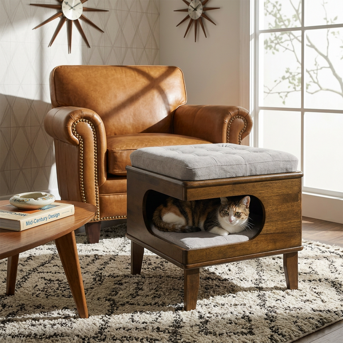 Aprilso Walnut Cat Bed Ottoman with Cushioned Top & Hideaway Nook - product image 4