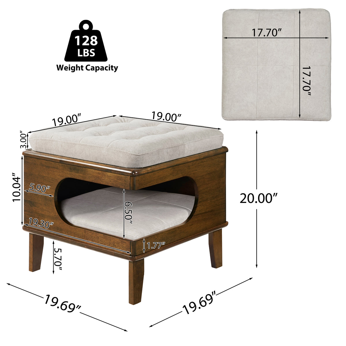 Aprilso Walnut Cat Bed Ottoman with Cushioned Top & Hideaway Nook - product image 5